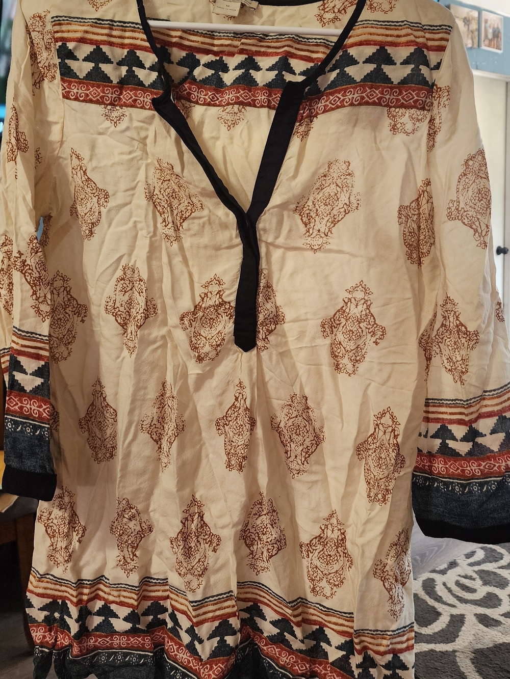 Lucky Brand Cream Boho Tunic with Rust and Navy Trim Sz Med